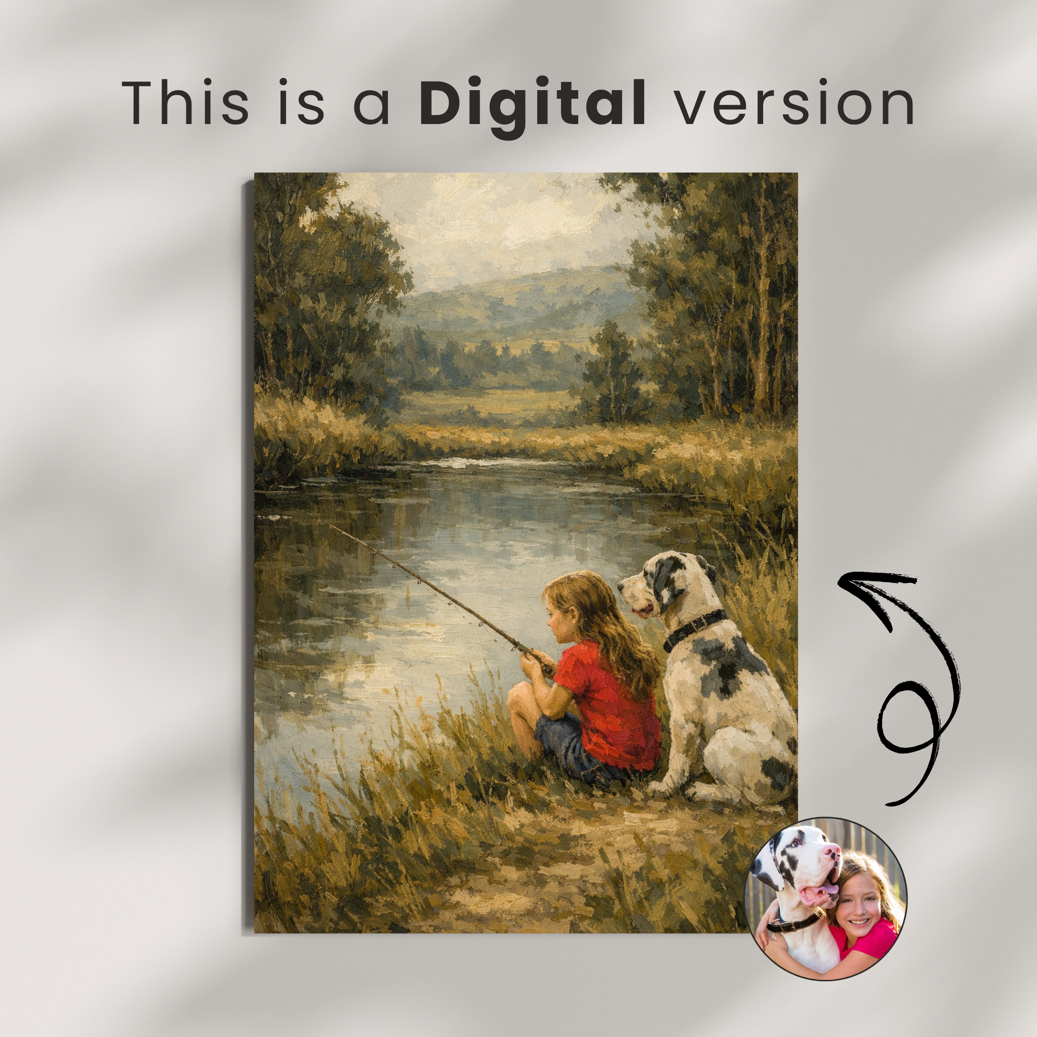 Custom Personalized Kids and Pet Fishing Portrait Wall Art - Digital Downloads