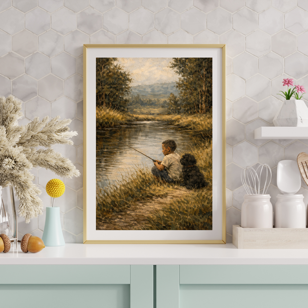 Custom Personalized Kids and Pet Fishing Portrait Wall Art - Digital Downloads