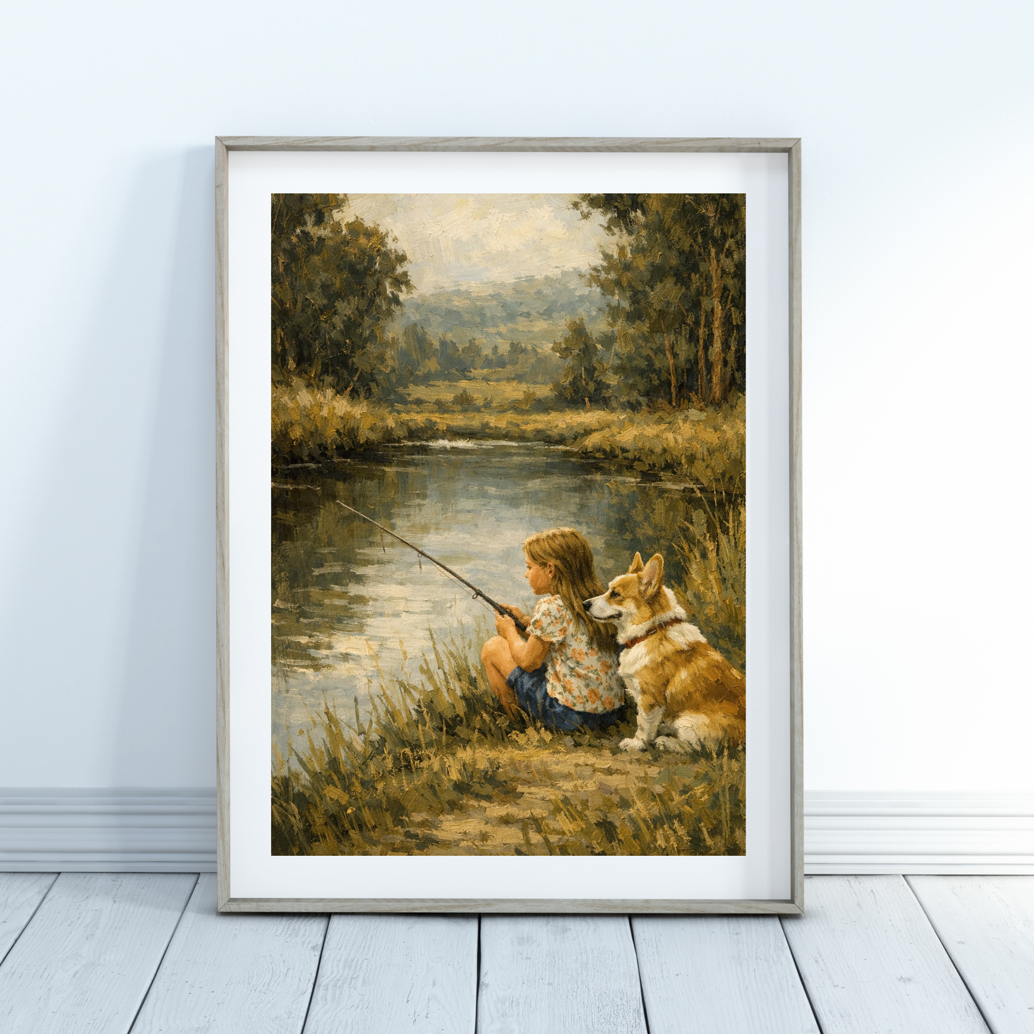 Custom Personalized Kids and Pet Fishing Portrait Wall Art - Digital Downloads