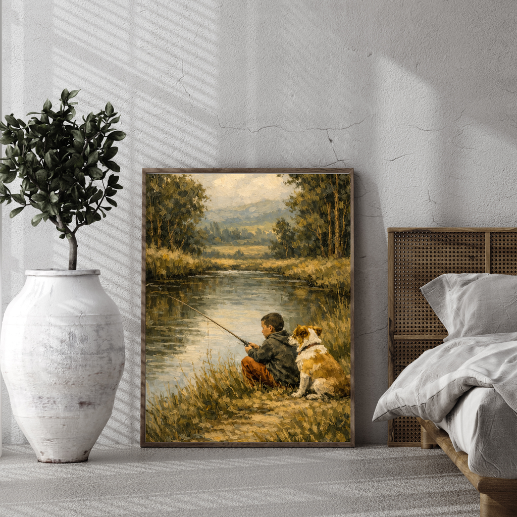 Custom Personalized Kids and Pet Fishing Portrait Wall Art - Digital Downloads