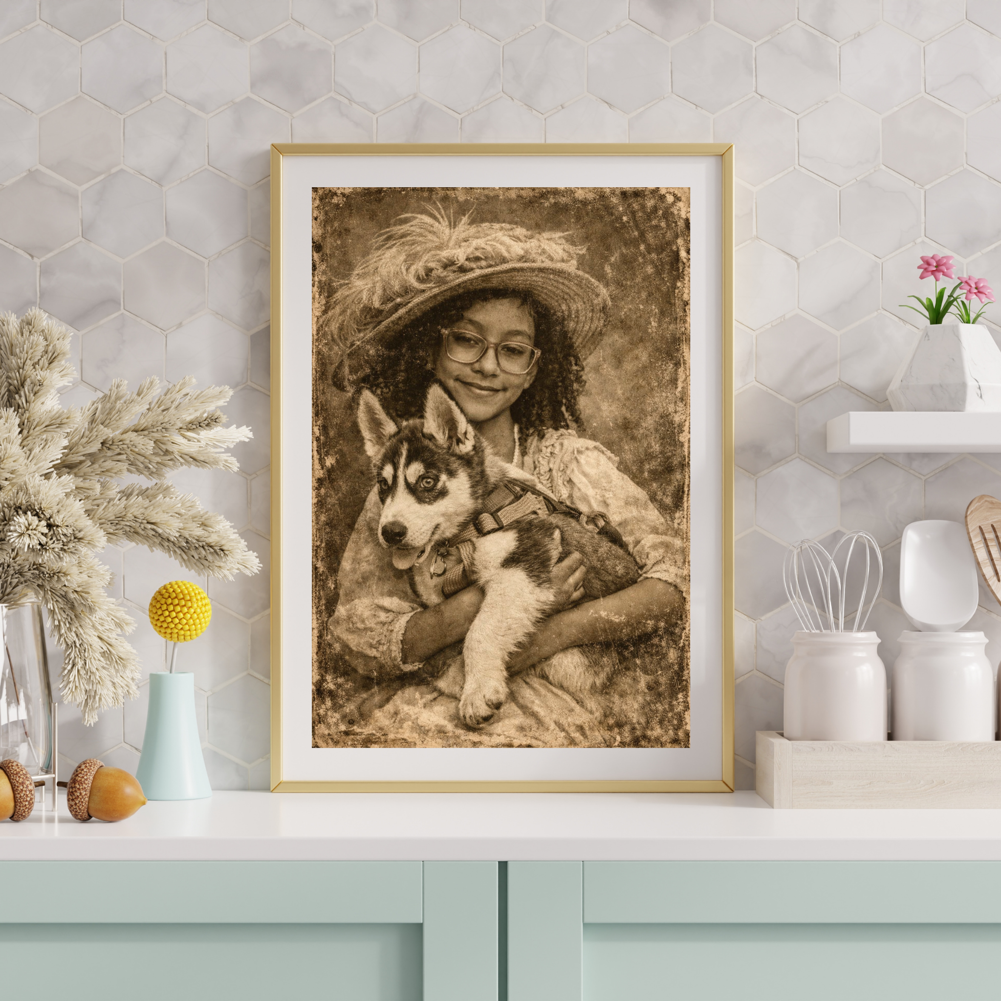 Custom Personalized Kids and Pet Vintage Portrait Wall Art - Digital Downloads