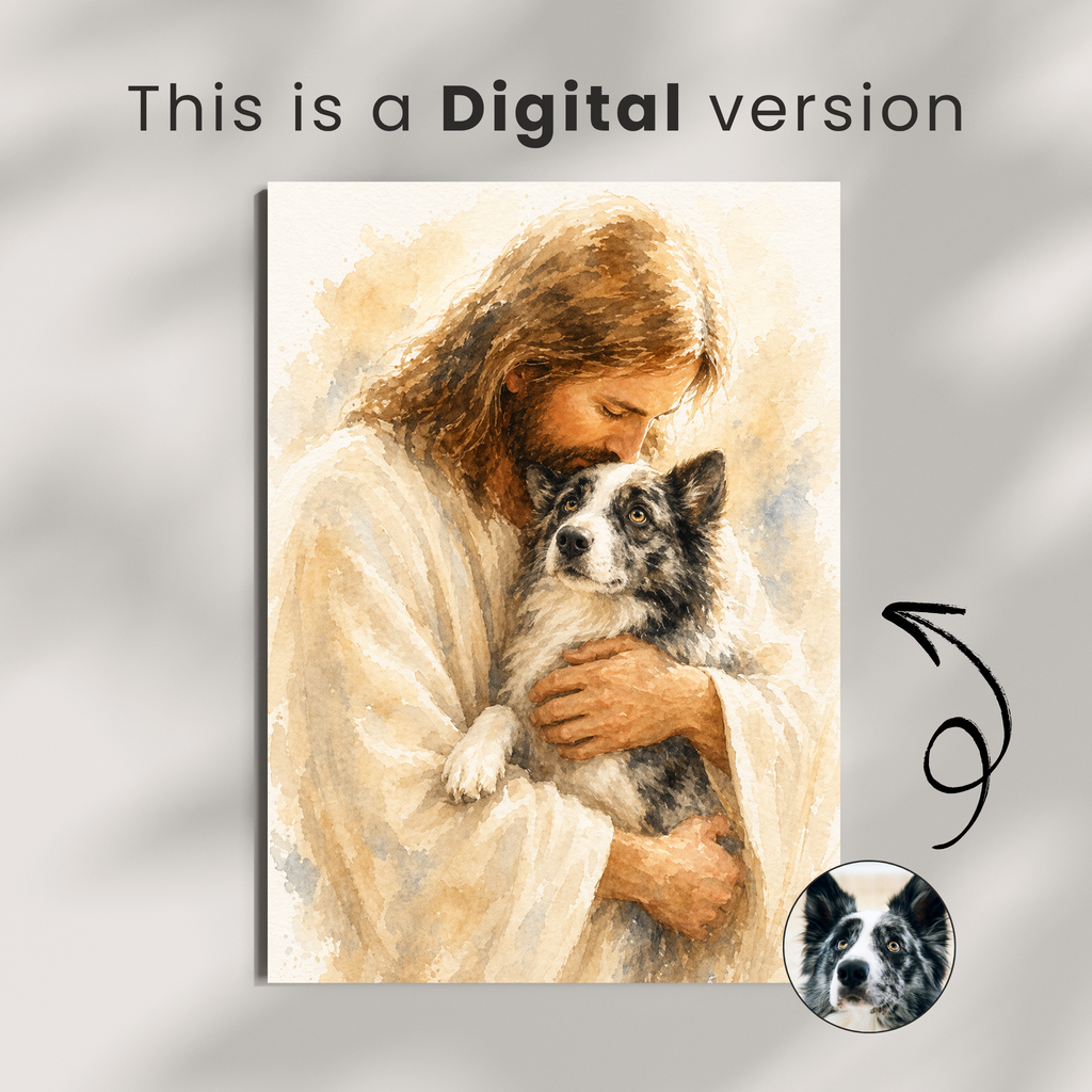 Custom Personalized Jesus Holding Pet Watercolor Portrait Wall Art - Digital Downloads
