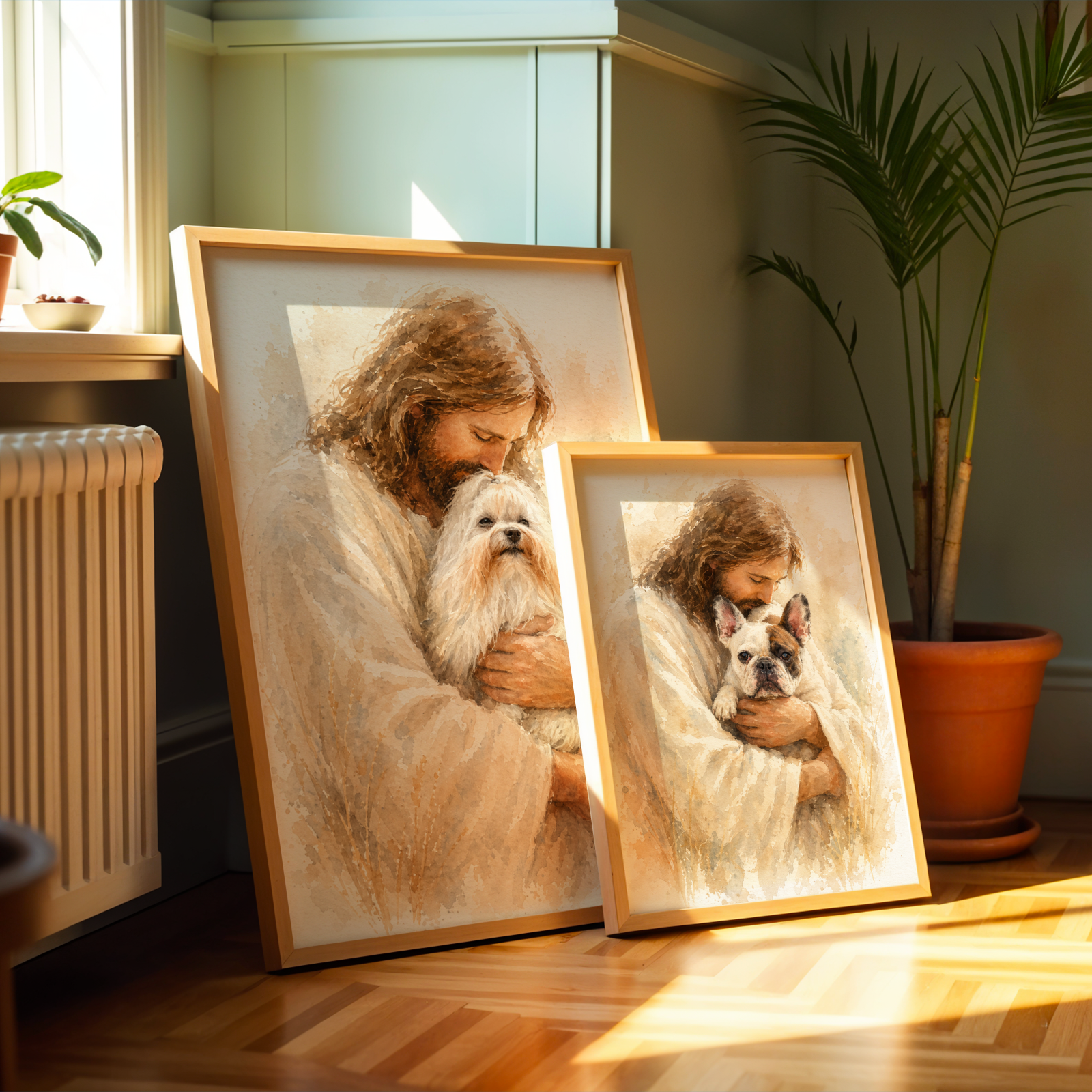 Custom Personalized Jesus Holding Pet Watercolor Portrait Wall Art - Digital Downloads