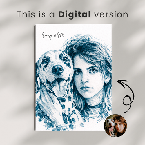 Custom Personalized Dog Cat Pet Blue Sketch Portrait Wall Art - Digital Downloads