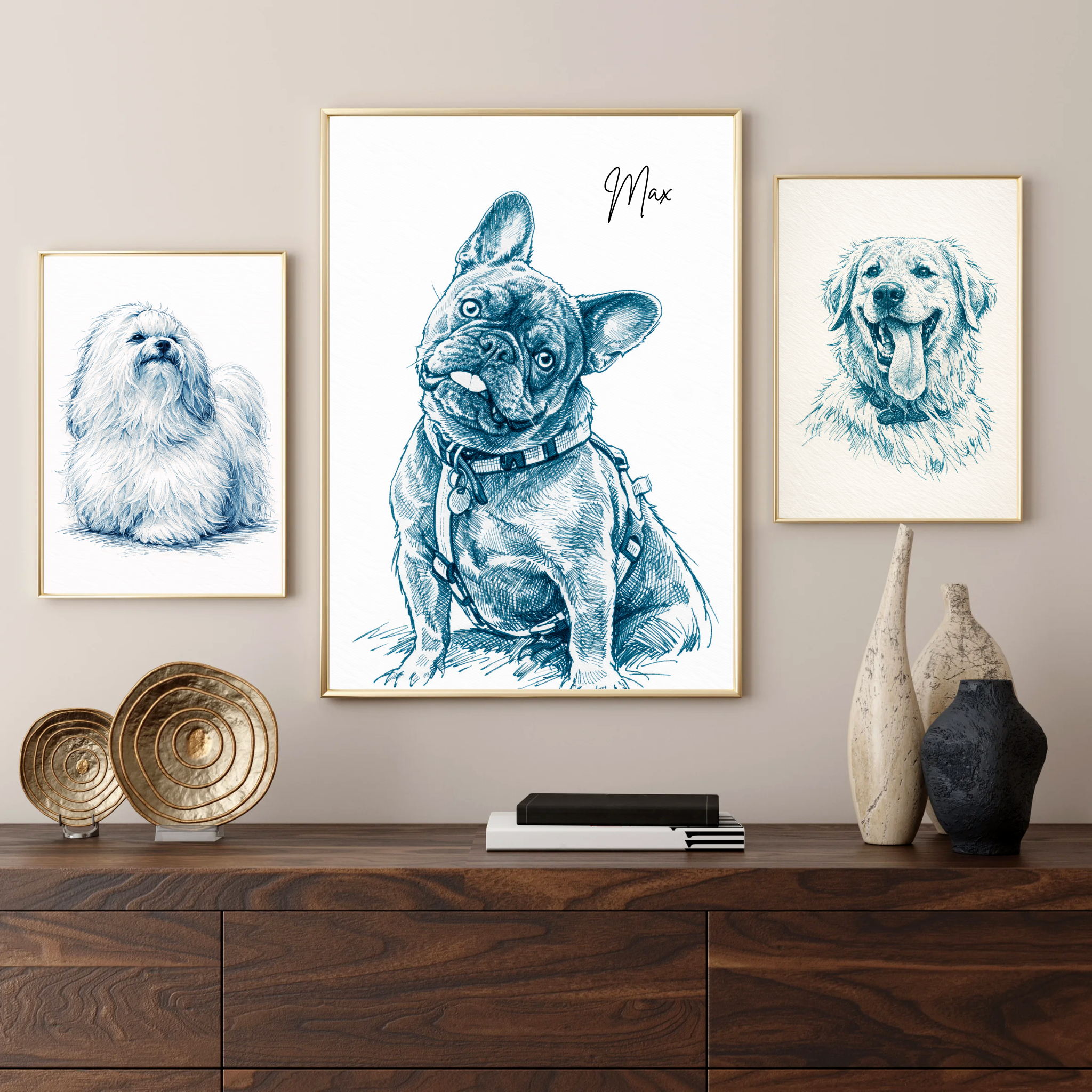 Custom Personalized Dog Cat Pet Blue Sketch Portrait Wall Art - Digital Downloads