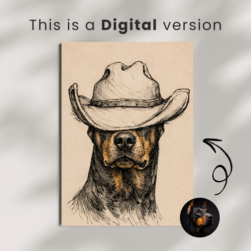 Custom Personalized Dog Cat Pet Cowboy Hat Portrait Art - Digital Downloads