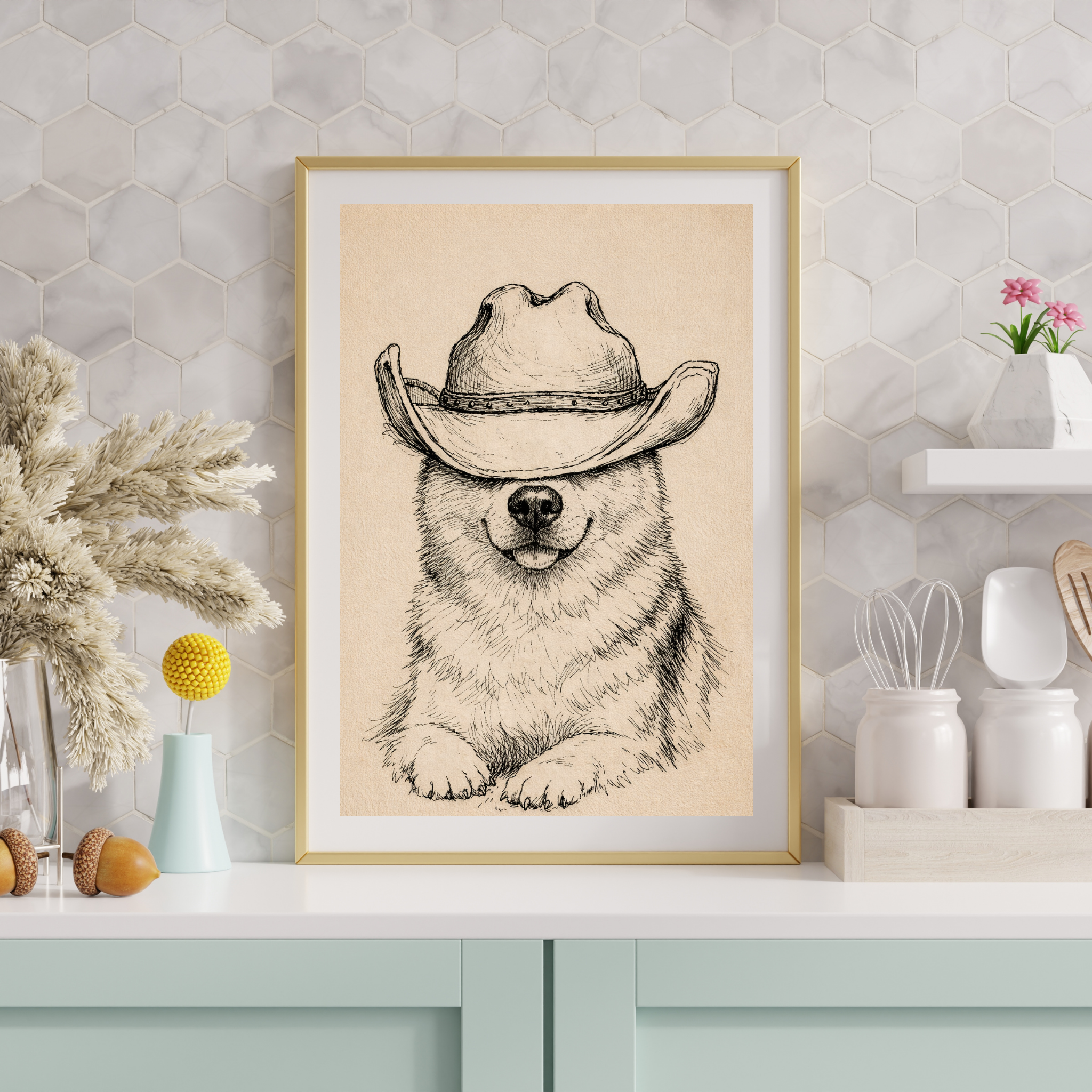 Custom Personalized Dog Cat Pet Cowboy Hat Portrait Art - Digital Downloads