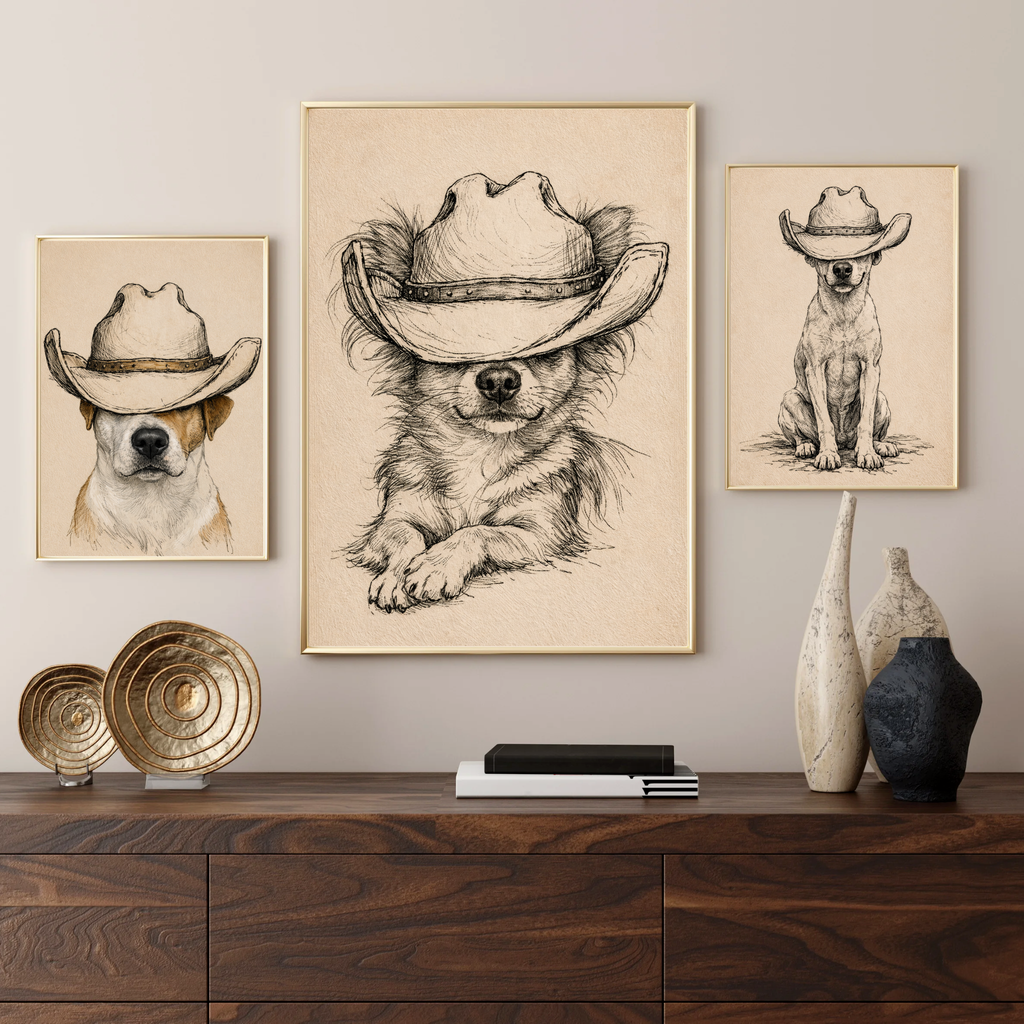 Custom Personalized Dog Cat Pet Cowboy Hat Portrait Art - Digital Downloads