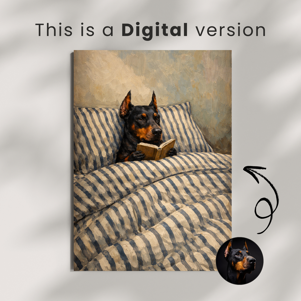 Custom Personalized Dog Cat Pet Reading Book in Bed Portrait Art - Digital Downloads