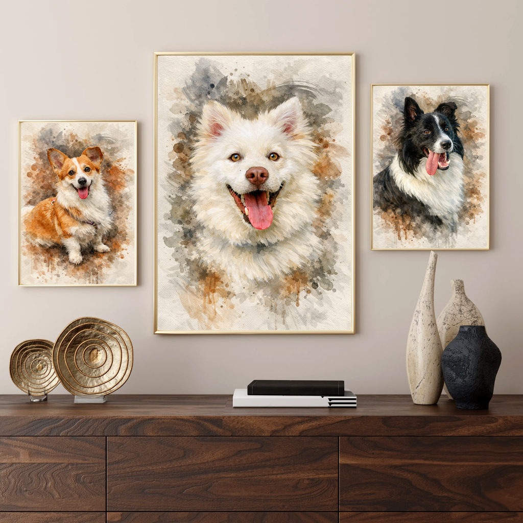 Custom Personalized Dog Cat Pet Watercolor Dark Style Portraits - Digital Downloads