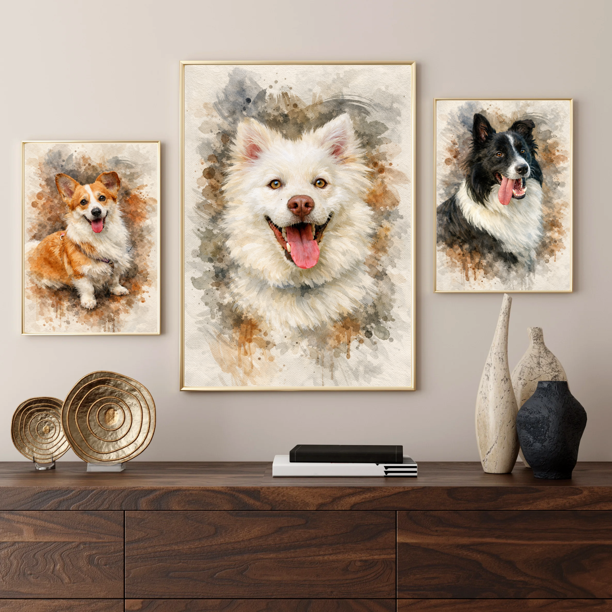 Custom Personalized Dog Cat Pet Watercolor Dark Style Portraits - Digital Downloads