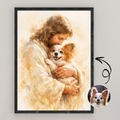 Custom Personalized Watercolor Portrait Art on Jesus Holding Pet in Wooden Framed Poster