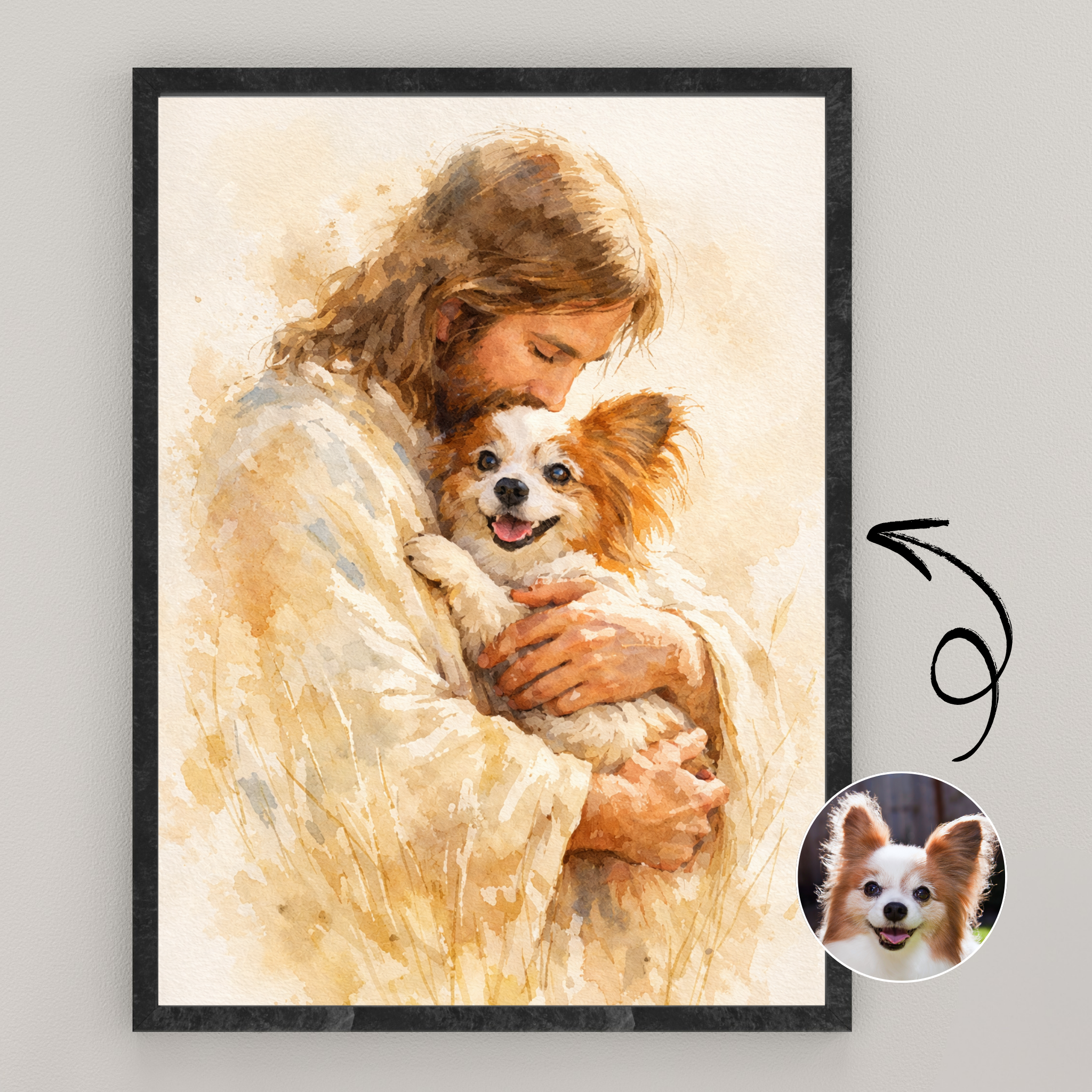 Custom Personalized Watercolor Portrait Art on Jesus Holding Pet in Wooden Framed Poster