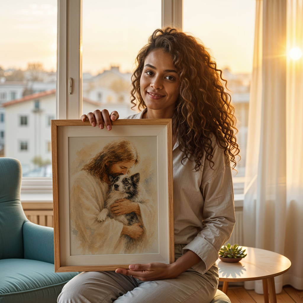 Custom Personalized Watercolor Portrait Art on Jesus Holding Pet in Wooden Framed Poster
