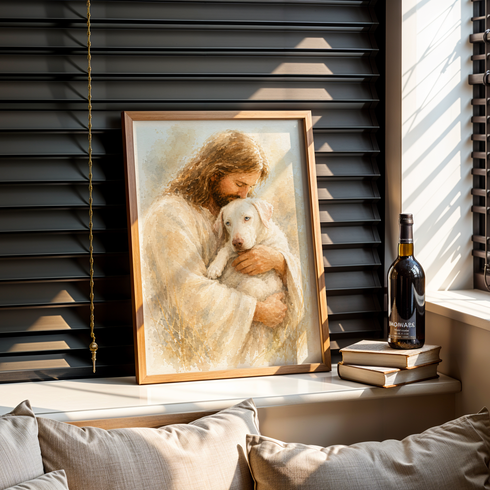 Custom Personalized Watercolor Portrait Art on Jesus Holding Pet in Wooden Framed Poster