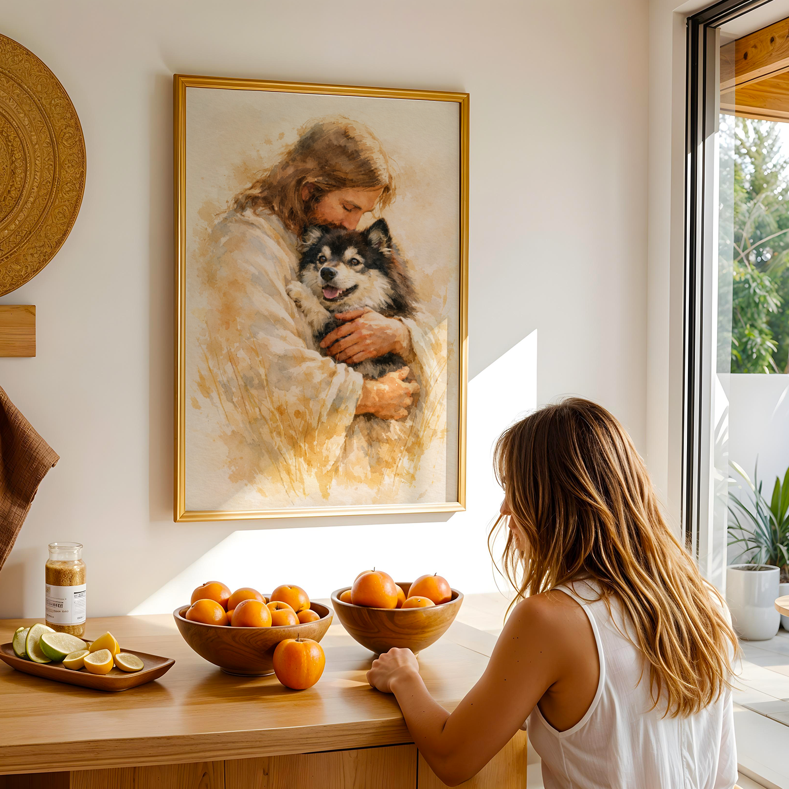 Custom Personalized Watercolor Portrait Art on Jesus Holding Pet in Wooden Framed Poster