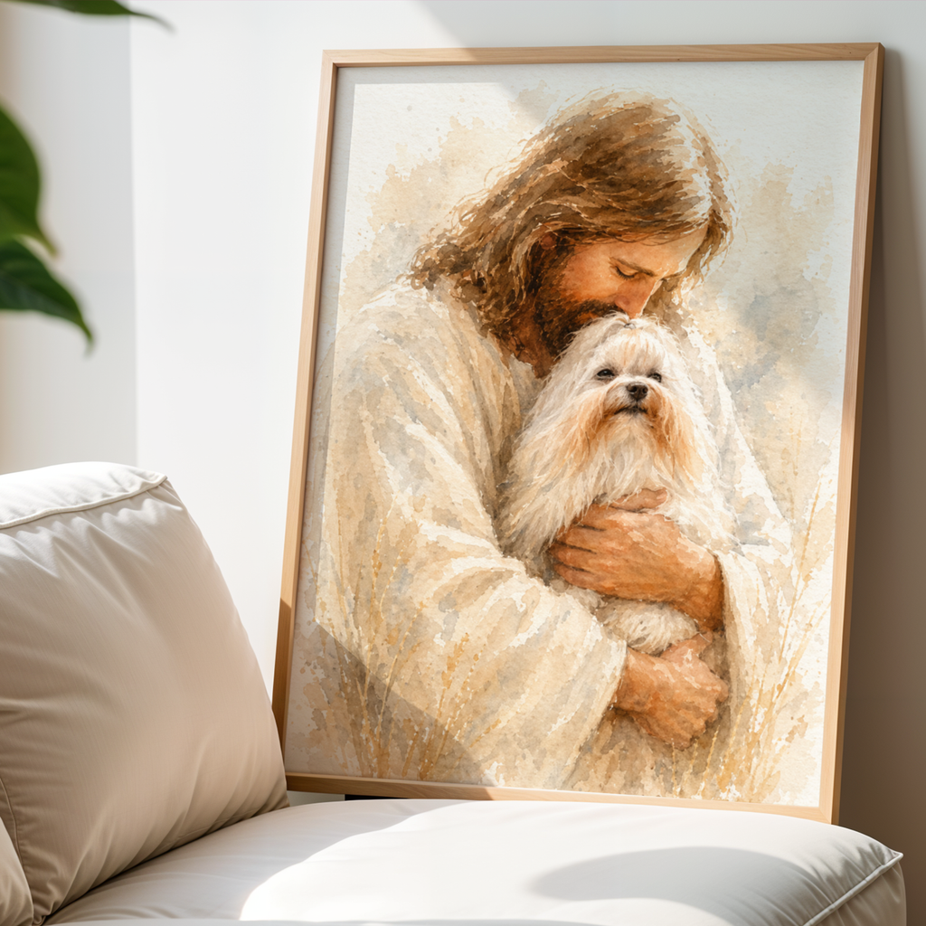 Custom Personalized Watercolor Portrait Art on Jesus Holding Pet in Wooden Framed Poster