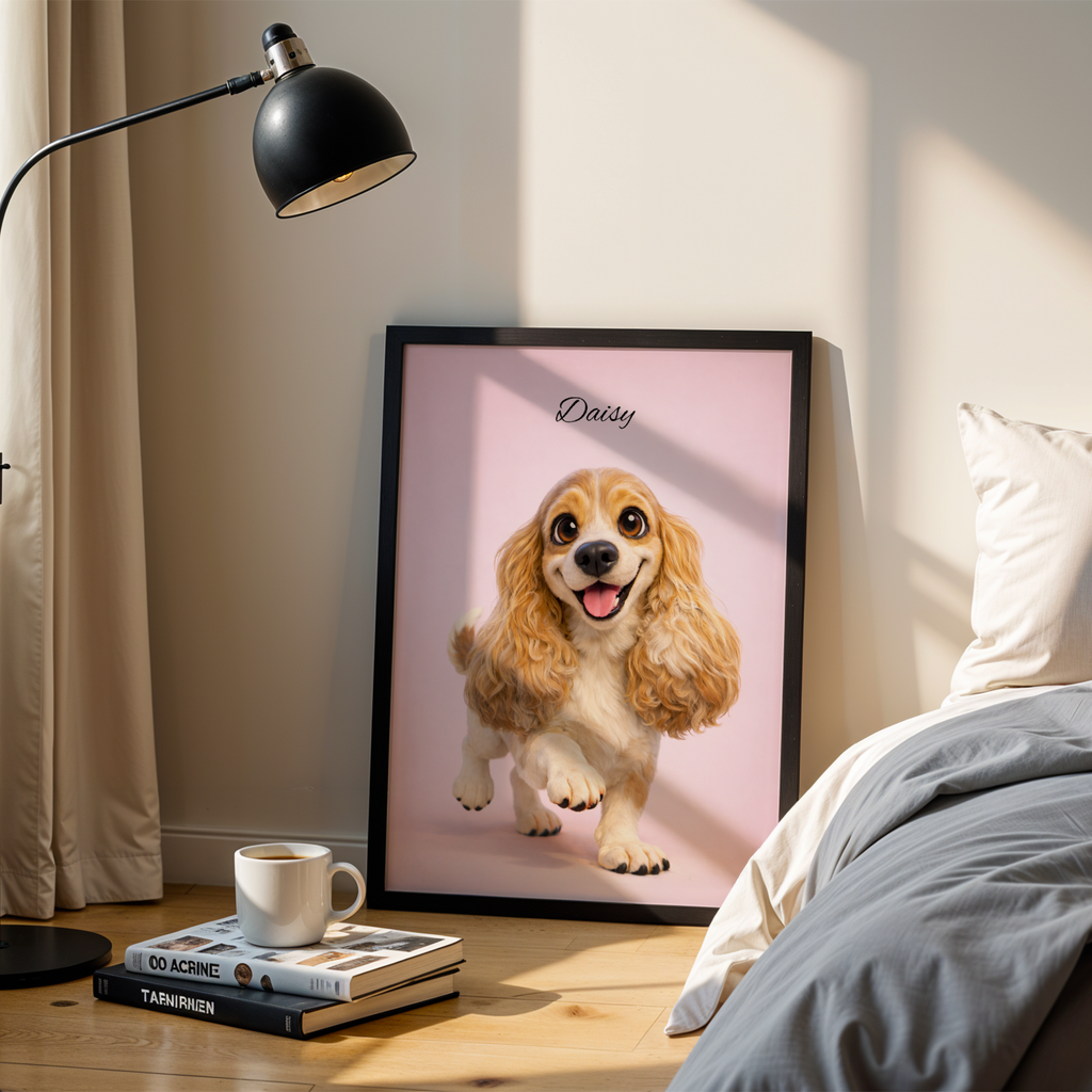 Custom Personalized Dog Cat Pet 3D Caricature Pixar Style Wooden Framed Poster