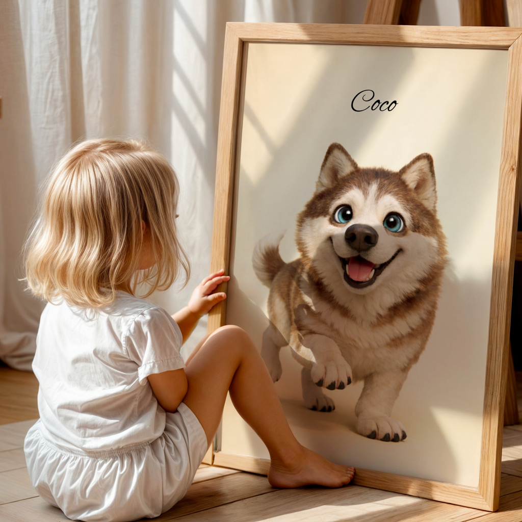 Custom Personalized Dog Cat Pet 3D Caricature Pixar Style Wooden Framed Poster