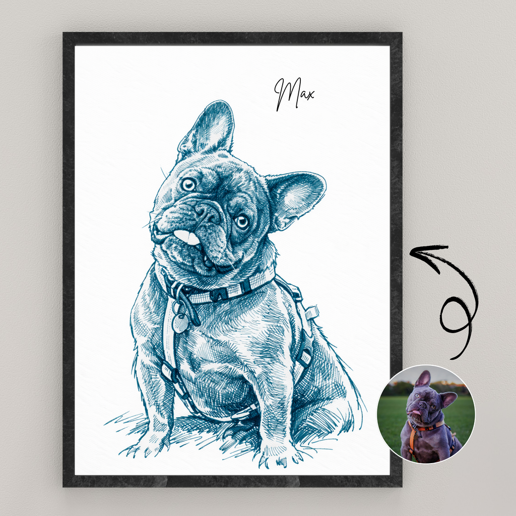 Custom Personalized Dog Cat Pet Blue Sketch Portrait Wooden Framed Poster