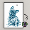 Custom Personalized Dog Cat Pet Blue Sketch Portrait Wooden Framed Poster
