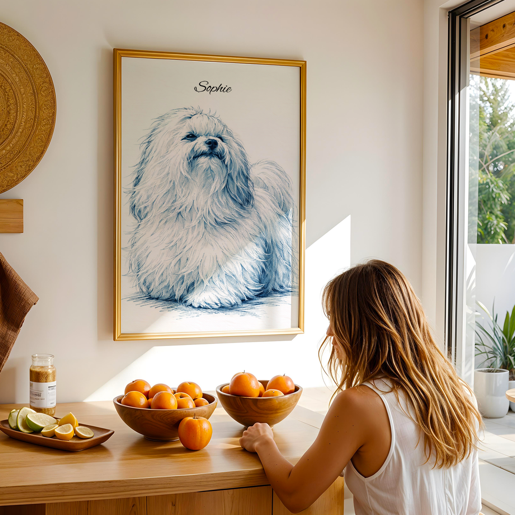 Custom Personalized Dog Cat Pet Blue Sketch Portrait Wooden Framed Poster