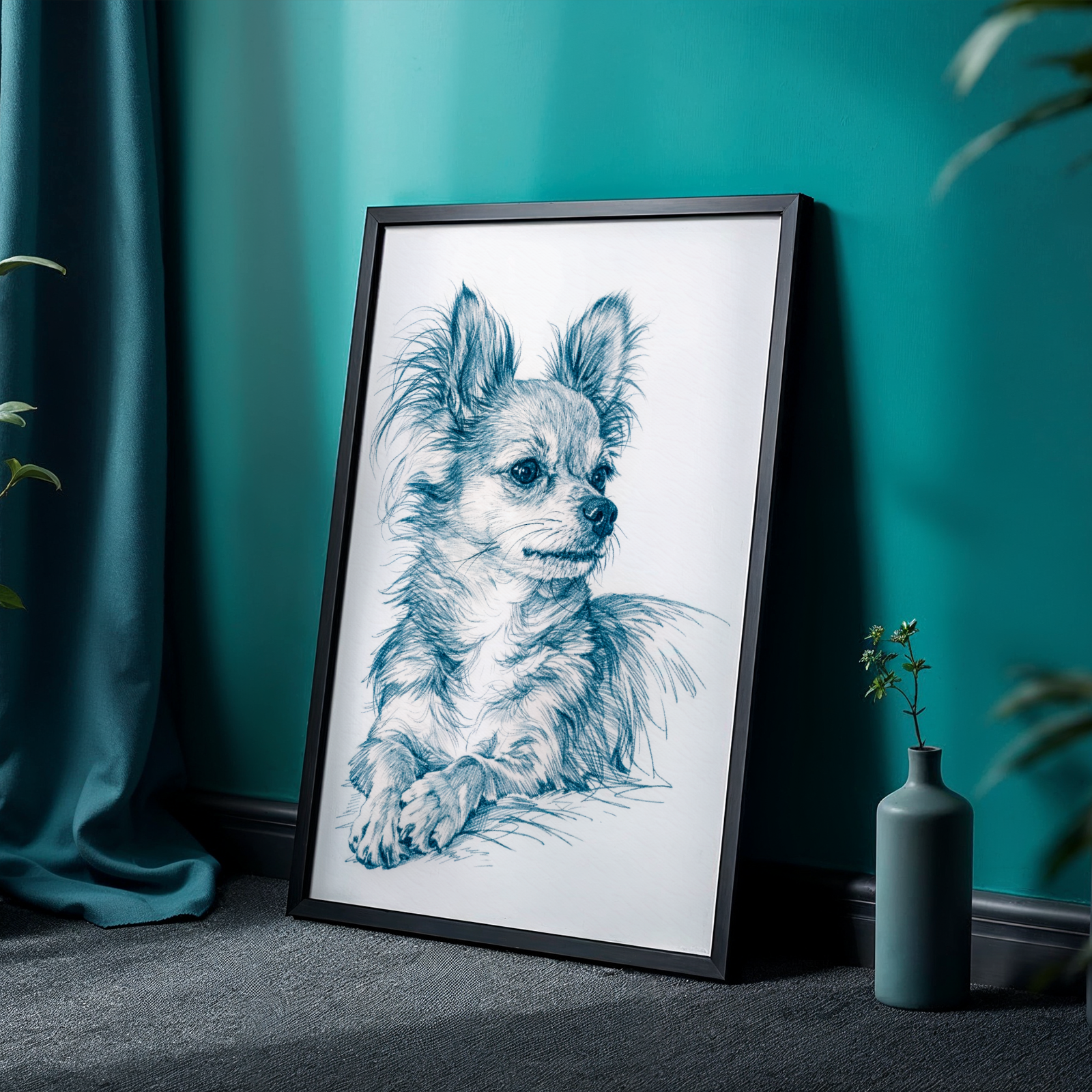 Custom Personalized Dog Cat Pet Blue Sketch Portrait Wooden Framed Poster