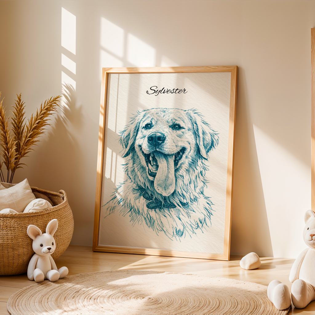 Custom Personalized Dog Cat Pet Blue Sketch Portrait Wooden Framed Poster