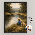 Custom Personalized Dog Cat Pet and Boy Fishing Portrait Wooden Framed Poster