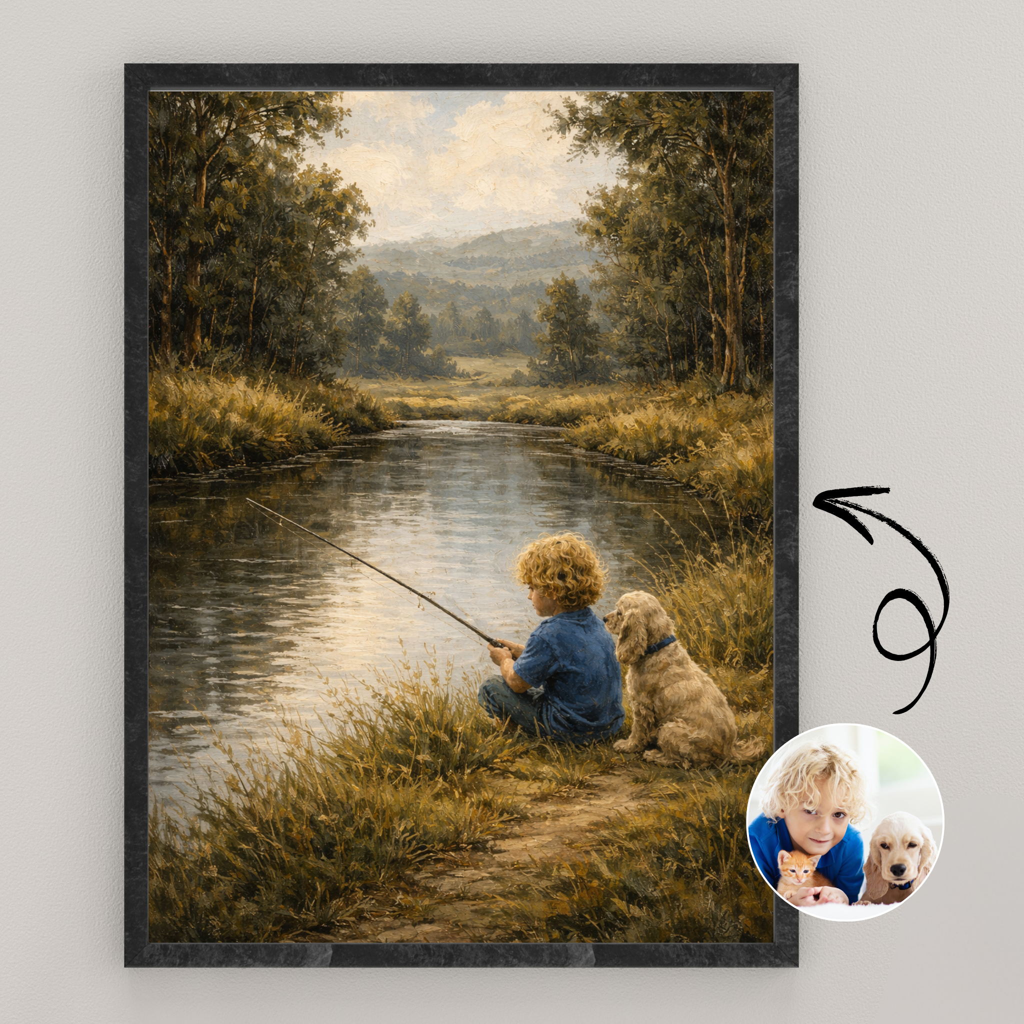 Custom Personalized Dog Cat Pet and Boy Fishing Portrait Wooden Framed Poster