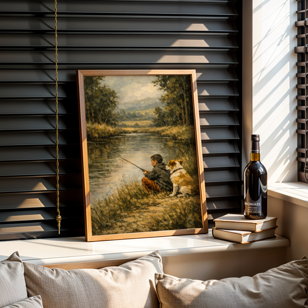 Custom Personalized Dog Cat Pet and Boy Fishing Portrait Wooden Framed Poster
