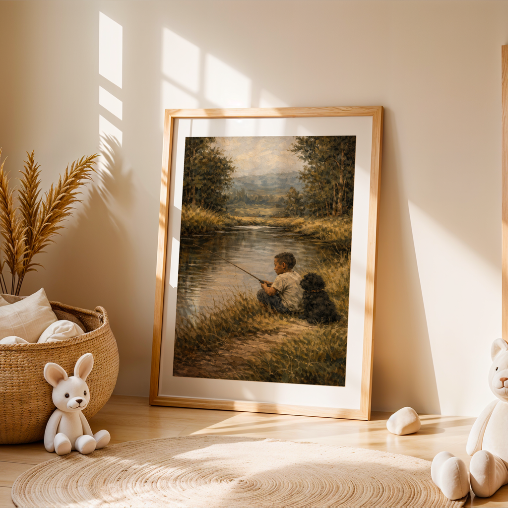 Custom Personalized Dog Cat Pet and Boy Fishing Portrait Wooden Framed Poster