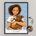 Custom Personalized Dog Cat Pet and Boy Illustration Lineart Wooden Framed Poster