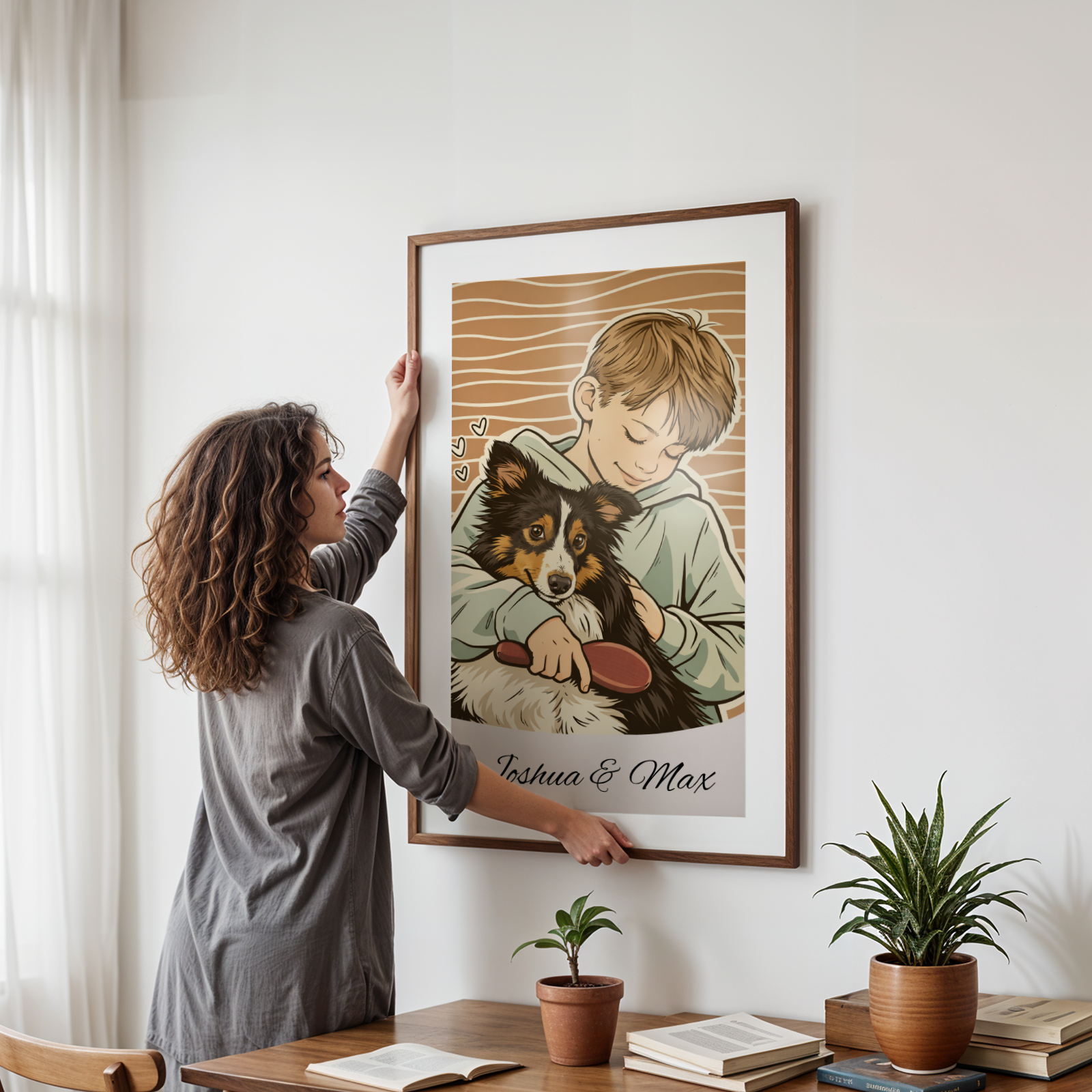 Custom Personalized Dog Cat Pet and Boy Illustration Lineart Wooden Framed Poster