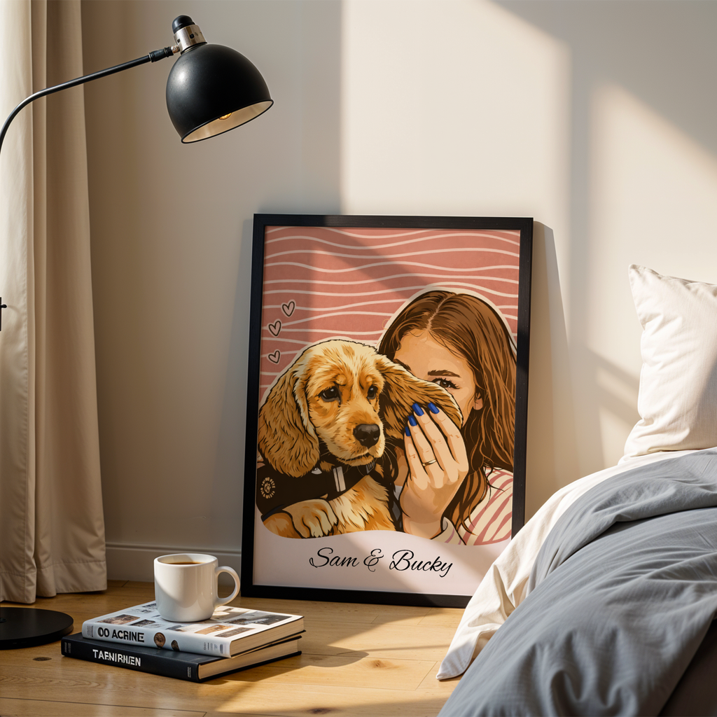 Custom Personalized Dog Cat Pet and Boy Illustration Lineart Wooden Framed Poster