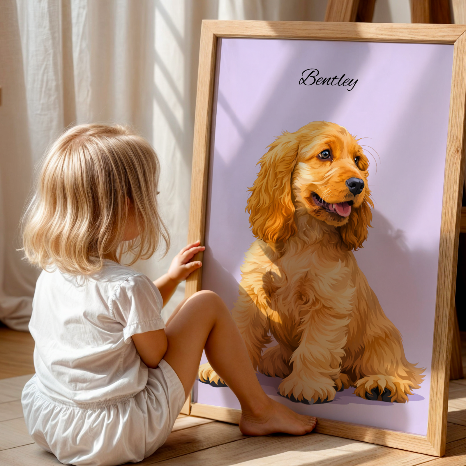 Custom Personalized Dog Cat Pet Digital Illustration Art Wooden Framed Poster