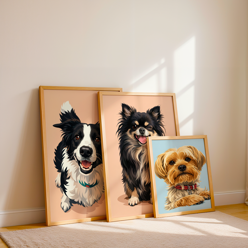 Custom Personalized Dog Cat Pet Digital Illustration Art Wooden Framed Poster