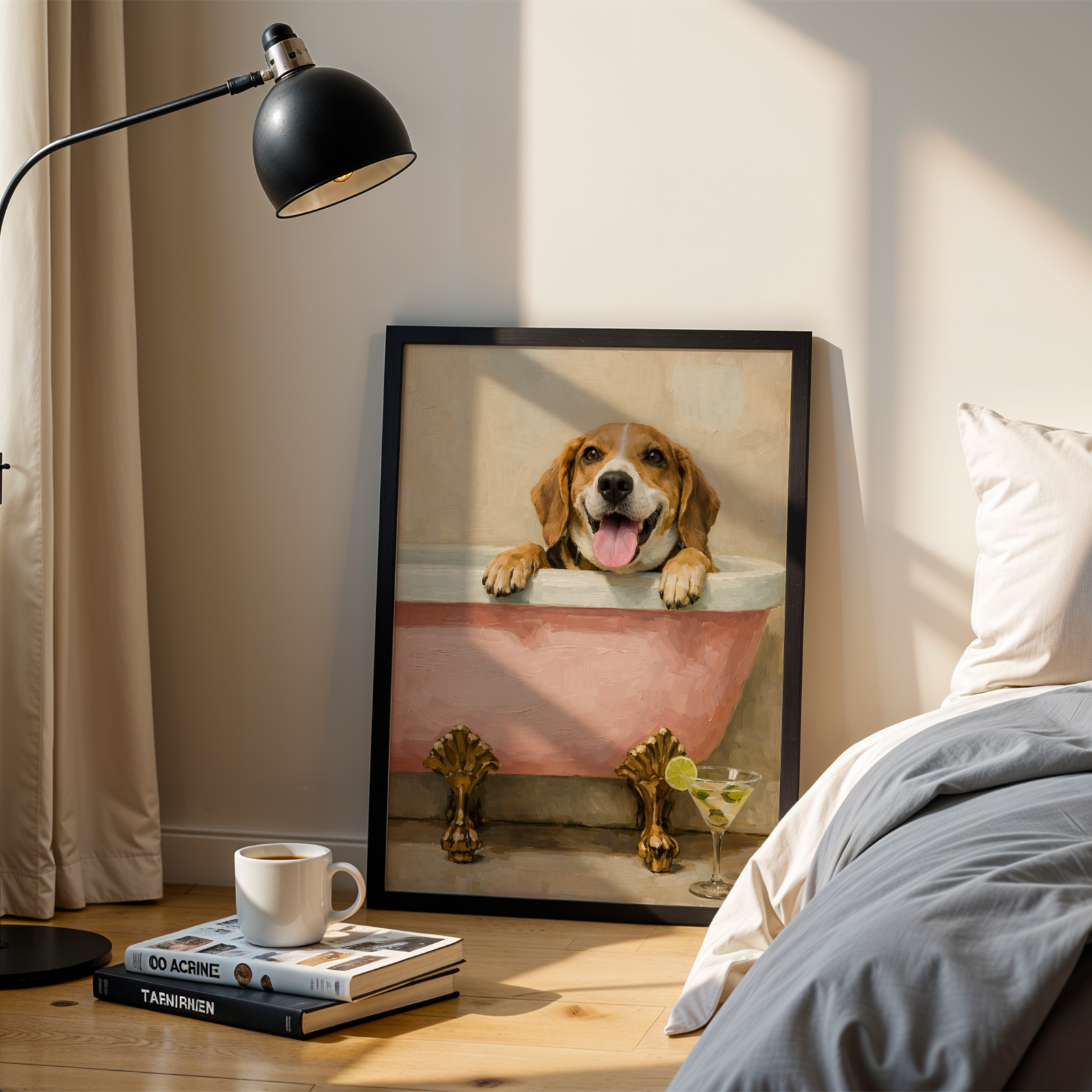 Custom Personalized Dog Cat Pet Luxury Bath Tub Portrait Art Wooden Framed Poster