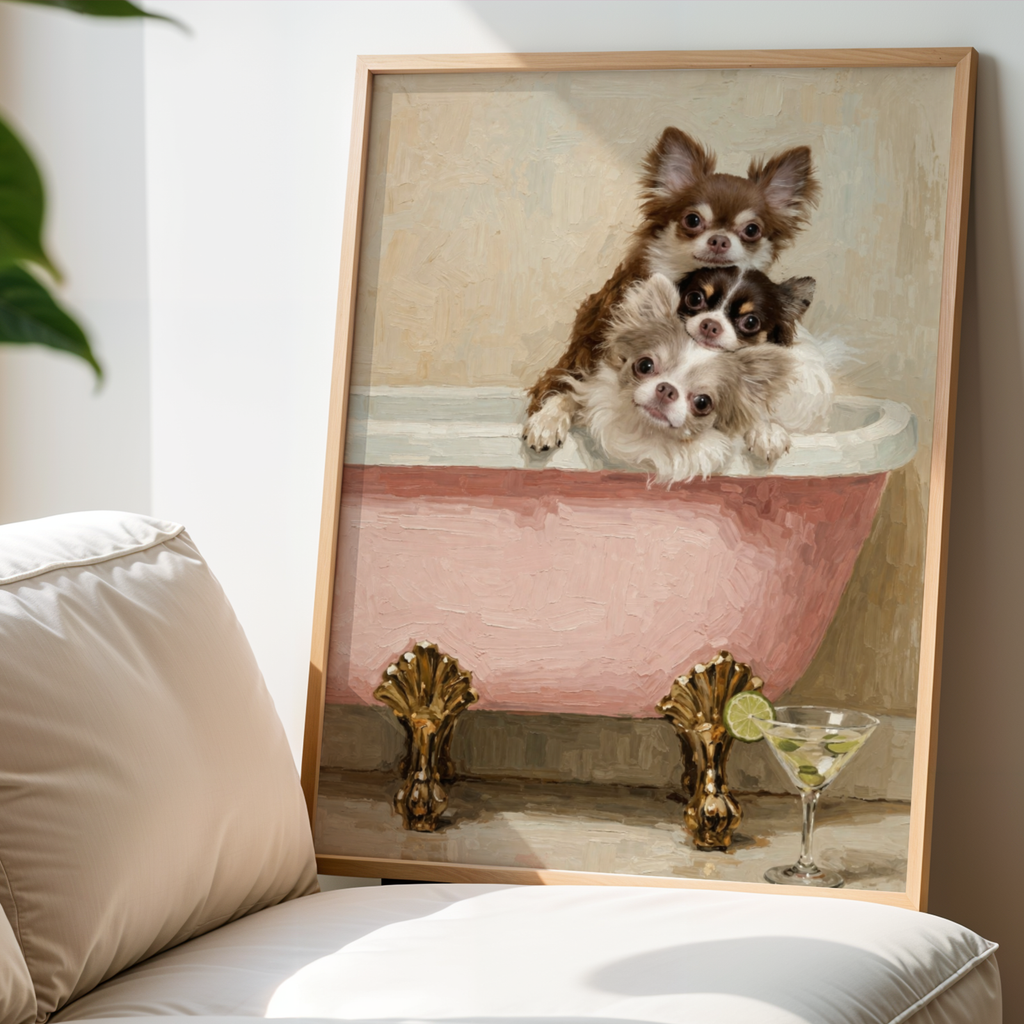 Custom Personalized Dog Cat Pet Luxury Bath Tub Portrait Art Wooden Framed Poster