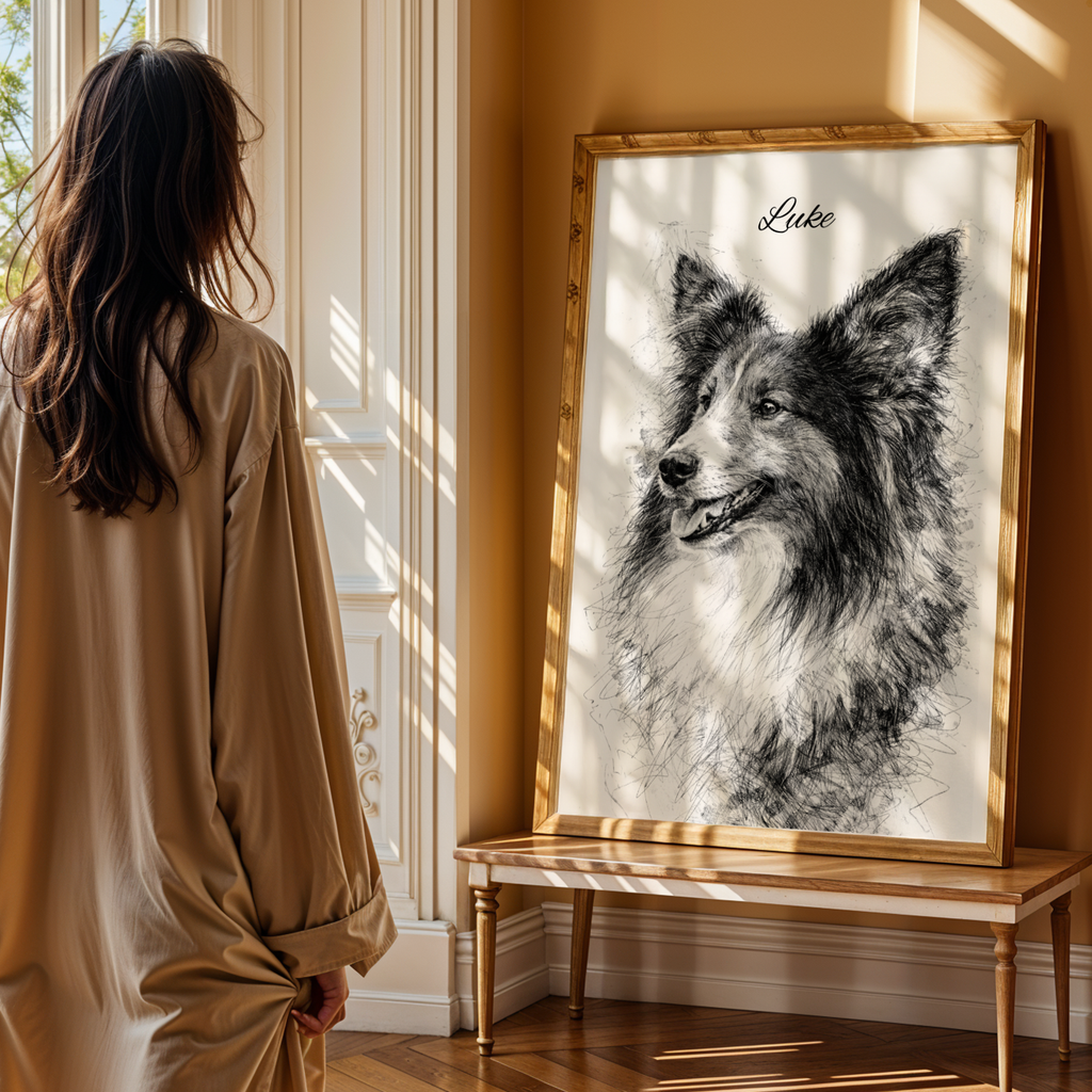 Custom Personalized Dog Cat Pet Sketch Portrait Art Wooden Framed Poster