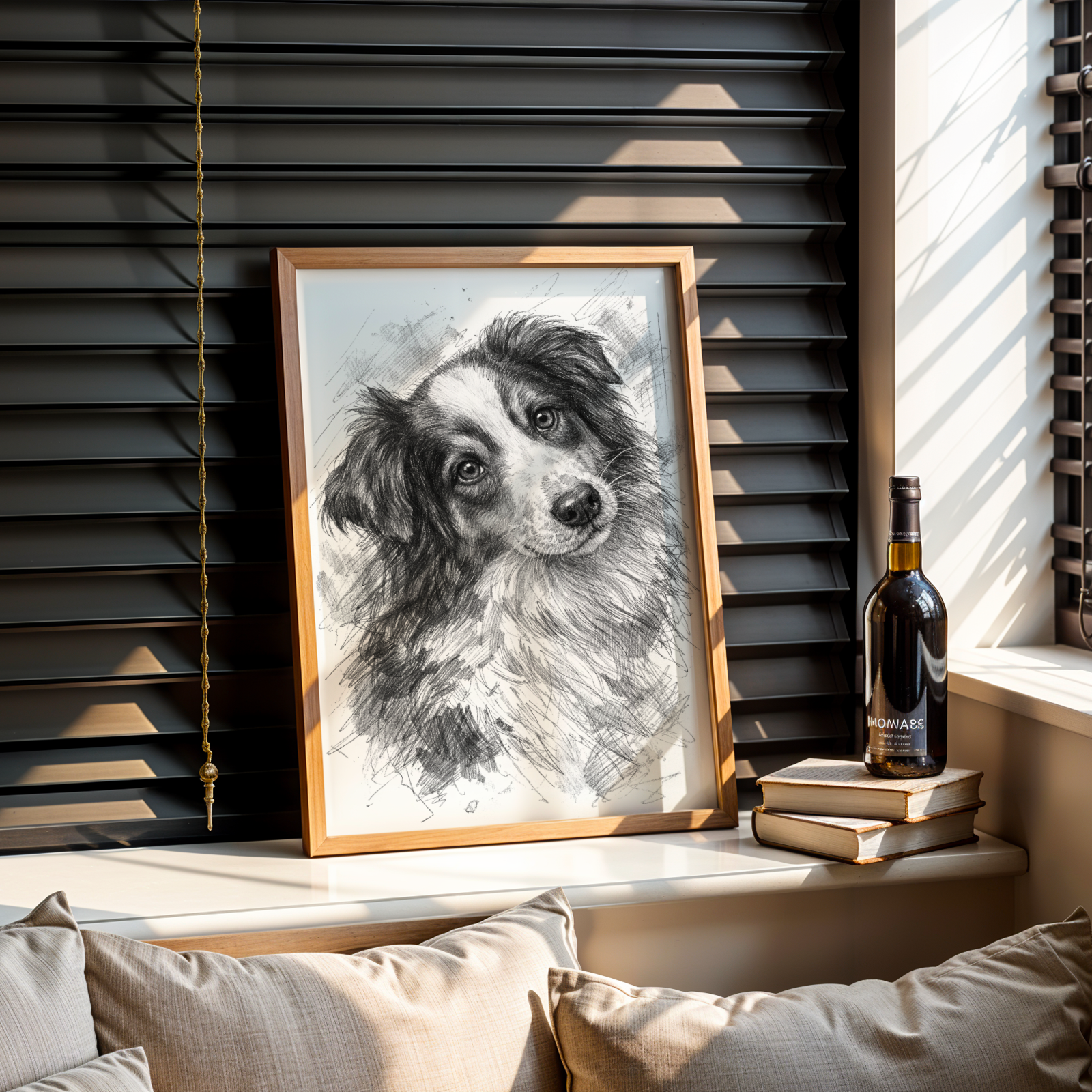 Custom Personalized Dog Cat Pet Sketch Portrait Art Wooden Framed Poster