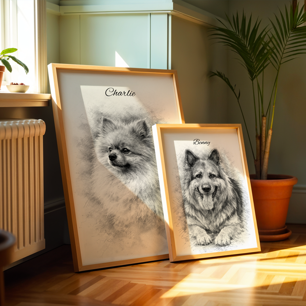 Custom Personalized Dog Cat Pet Sketch Portrait Art Wooden Framed Poster