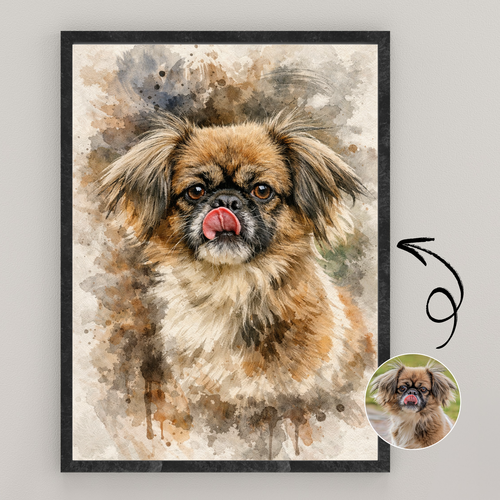 Custom Personalized Dog Cat Pet Dark Watercolor Portrait Art Wooden Framed Poster