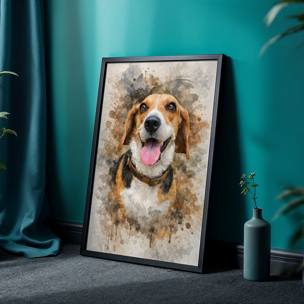 Custom Personalized Dog Cat Pet Dark Watercolor Portrait Art Wooden Framed Poster