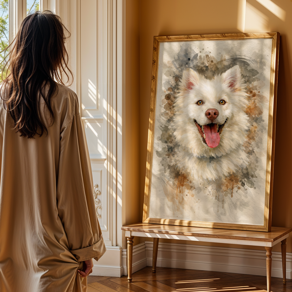Custom Personalized Dog Cat Pet Dark Watercolor Portrait Art Wooden Framed Poster