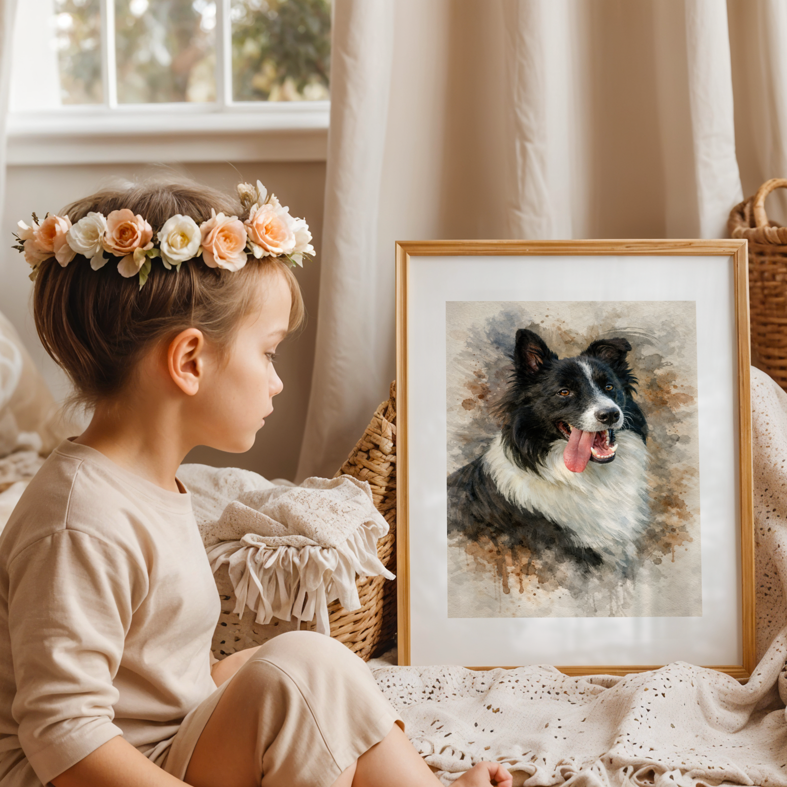 Custom Personalized Dog Cat Pet Dark Watercolor Portrait Art Wooden Framed Poster