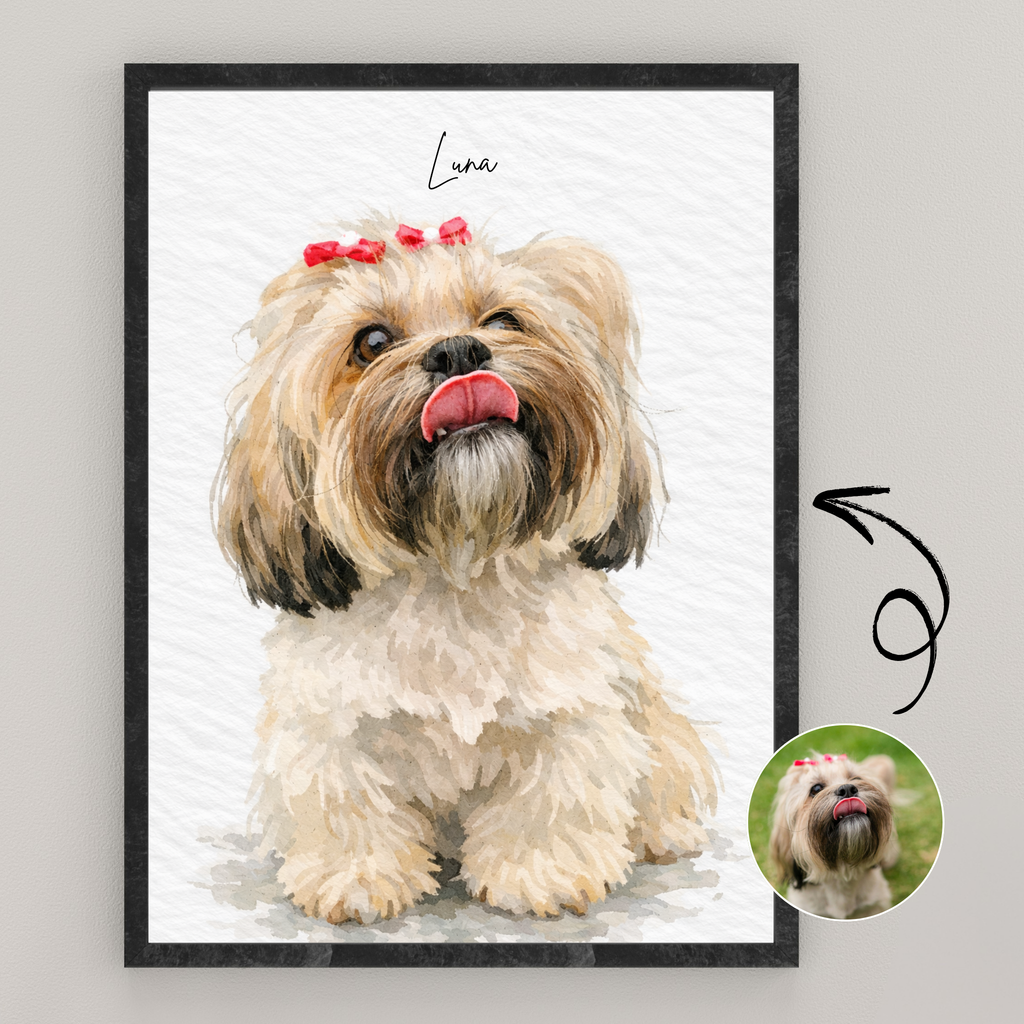 Custom Personalized Dog Cat Pet Light Watercolor Portrait Art Wooden Framed Poster