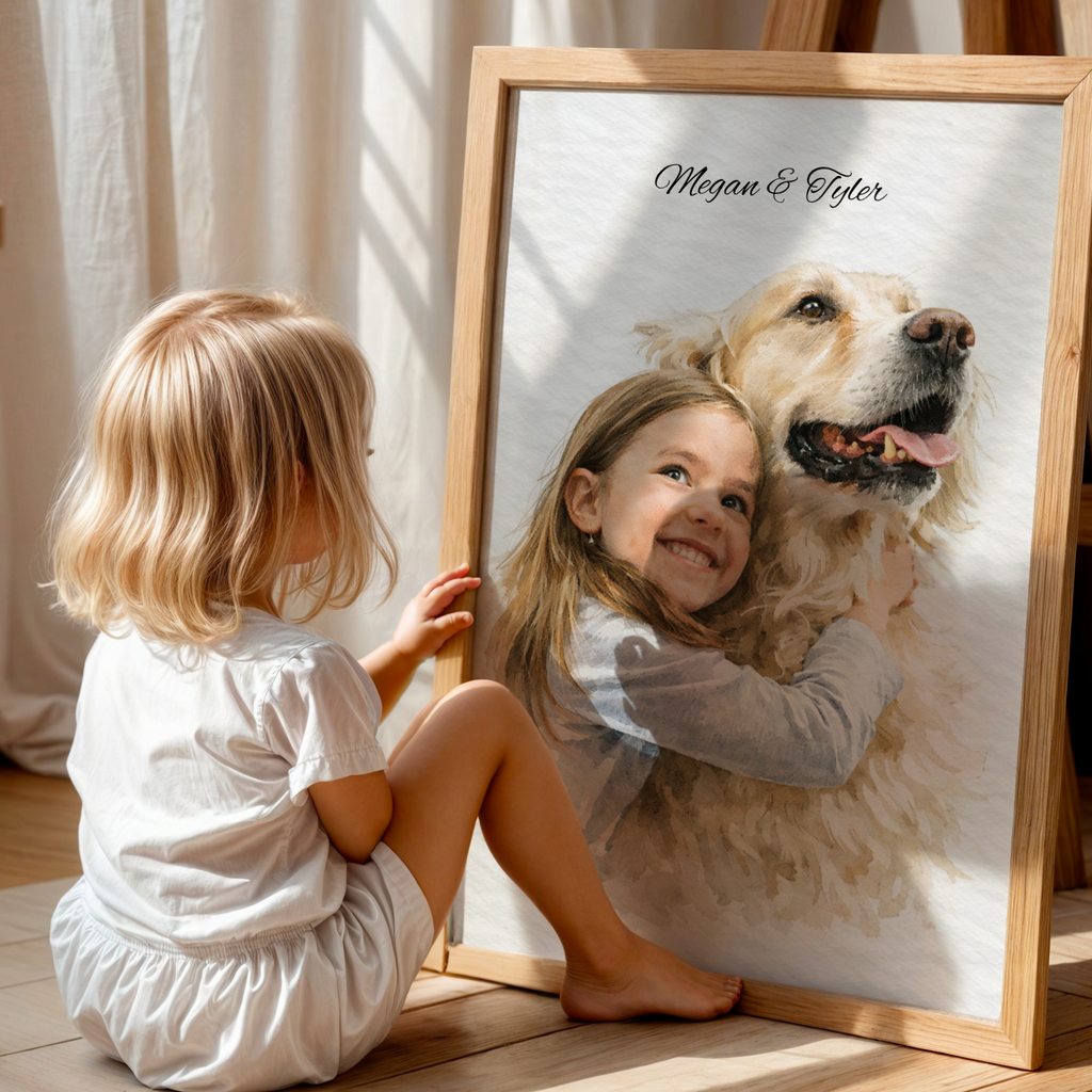 Custom Personalized Dog Cat Pet Light Watercolor Portrait Art Wooden Framed Poster
