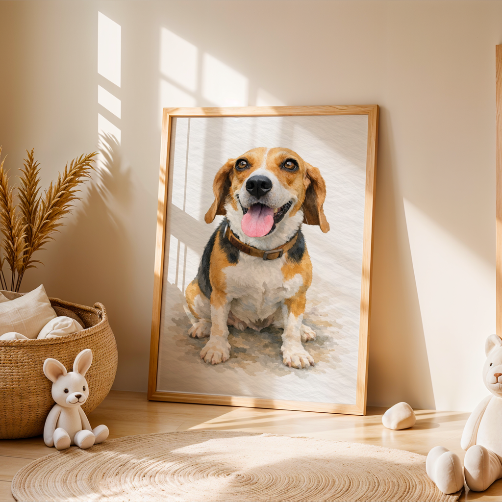 Custom Personalized Dog Cat Pet Light Watercolor Portrait Art Wooden Framed Poster