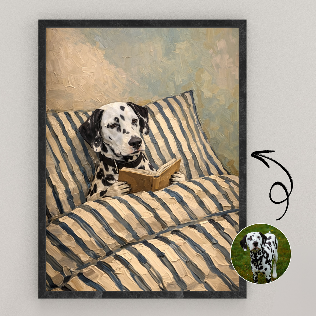 Custom Personalized Dog Cat Pet Reading Book in Bed Art Wooden Framed Poster